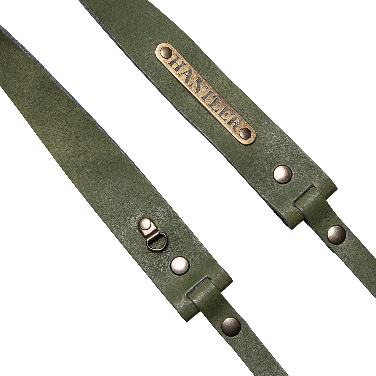 The Hantler's handmade green leather neck strap wich can be personalized with your own name on the metal tag.
