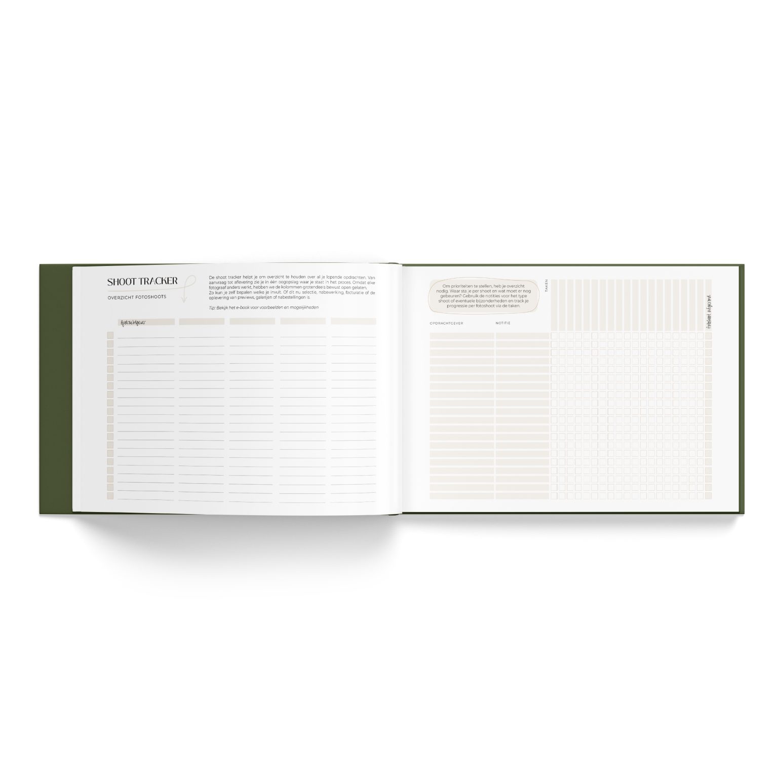 Detail van de shoot tracker in de fotografie agenda – workflow per fotoshoot bijhouden