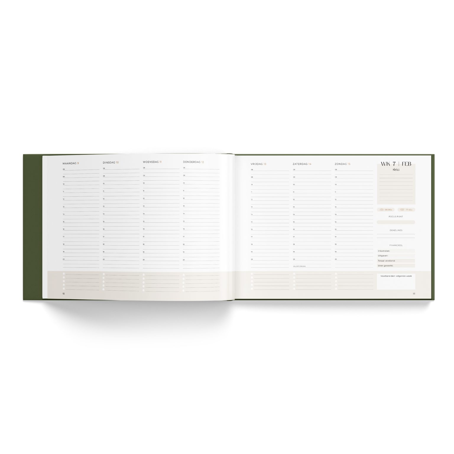 Binnenpagina van de fotografie agenda 2026 met weekoverzicht en extra schrijfruimte