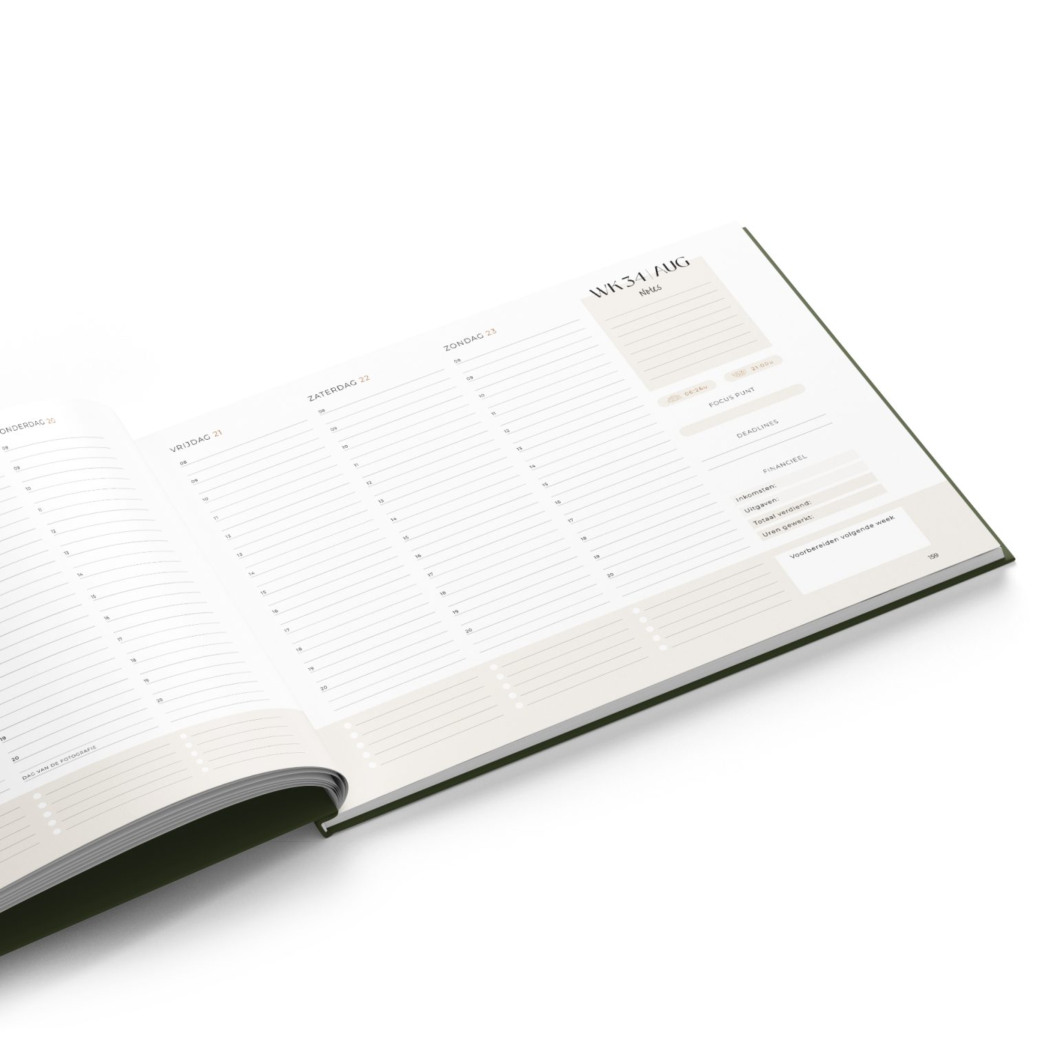 Binnenpagina van de fotografie agenda 2026 met weekoverzicht en extra schrijfruimte – overzicht van zonsopkomst en zonsondergang tijden